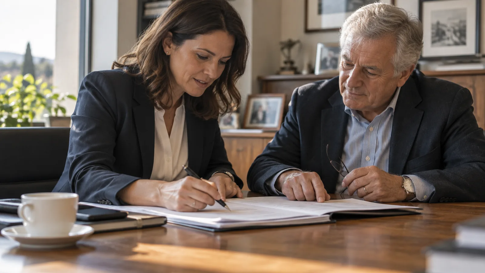 Consultant and company owner reviewing a document together
