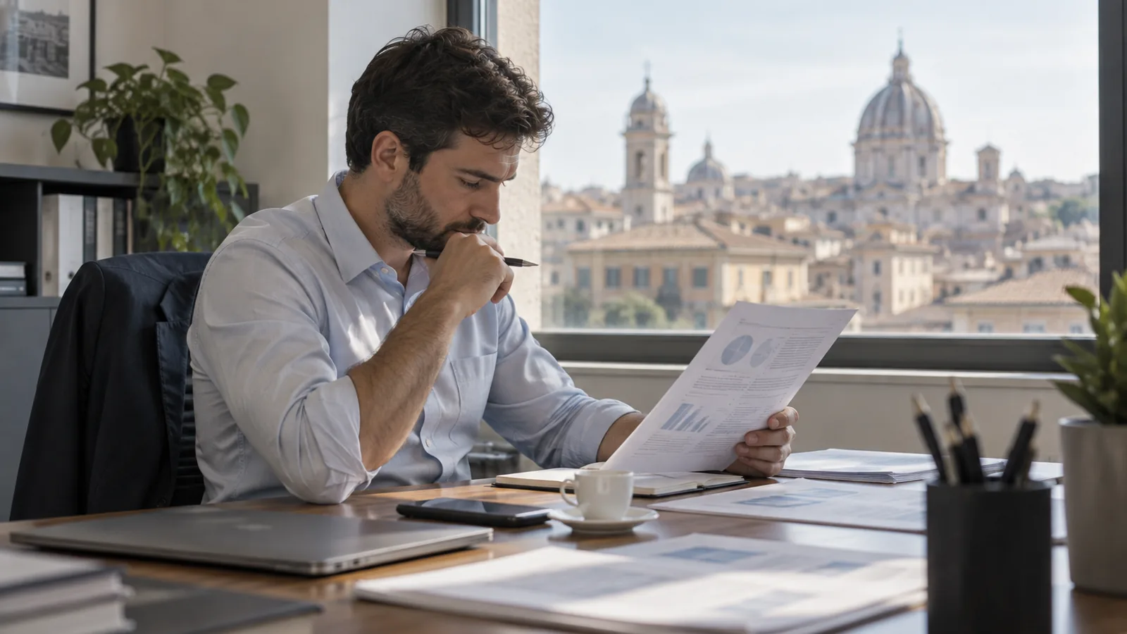 Analyst reading a printed report at a desk