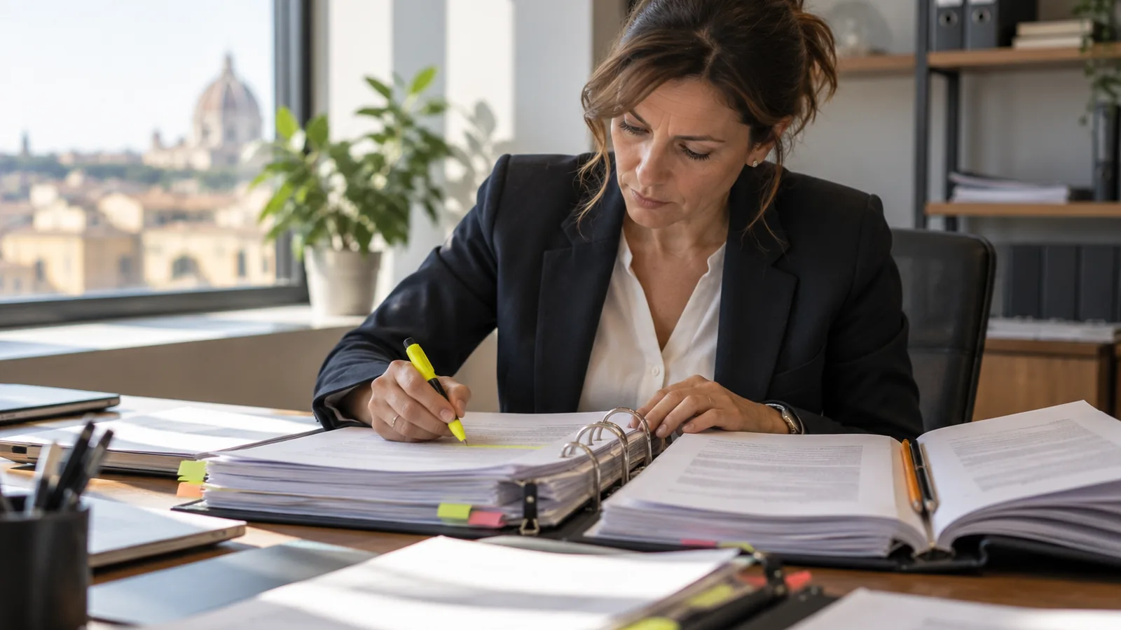 Revisore al lavoro su raccoglitori e documenti stampati con un evidenziatore