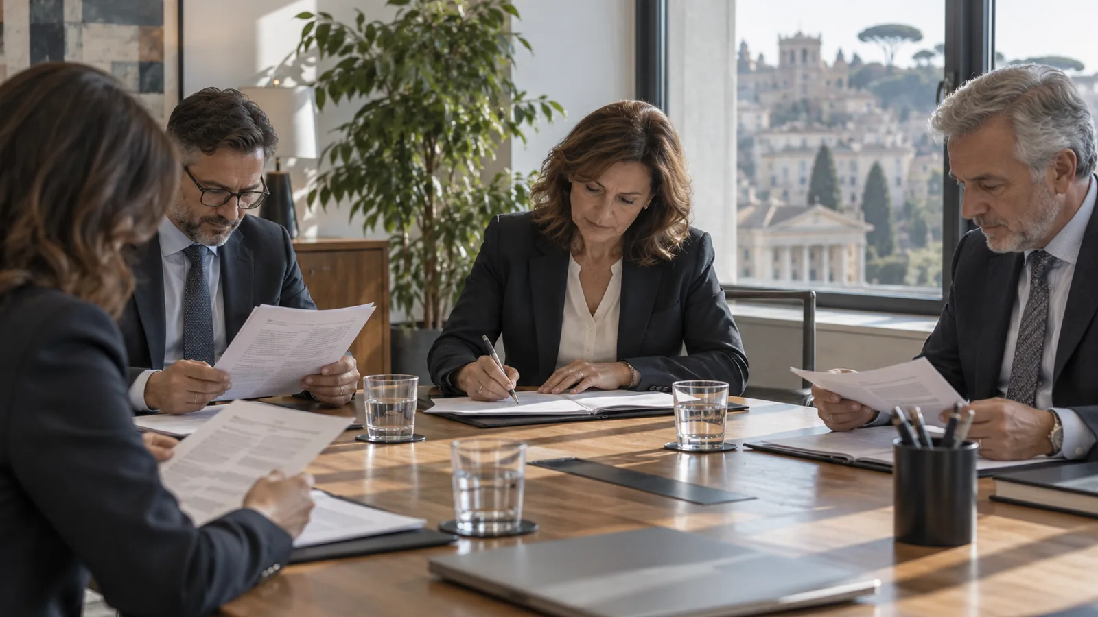 Consiglio di amministrazione riunito attorno a un tavolo mentre un membro firma un documento