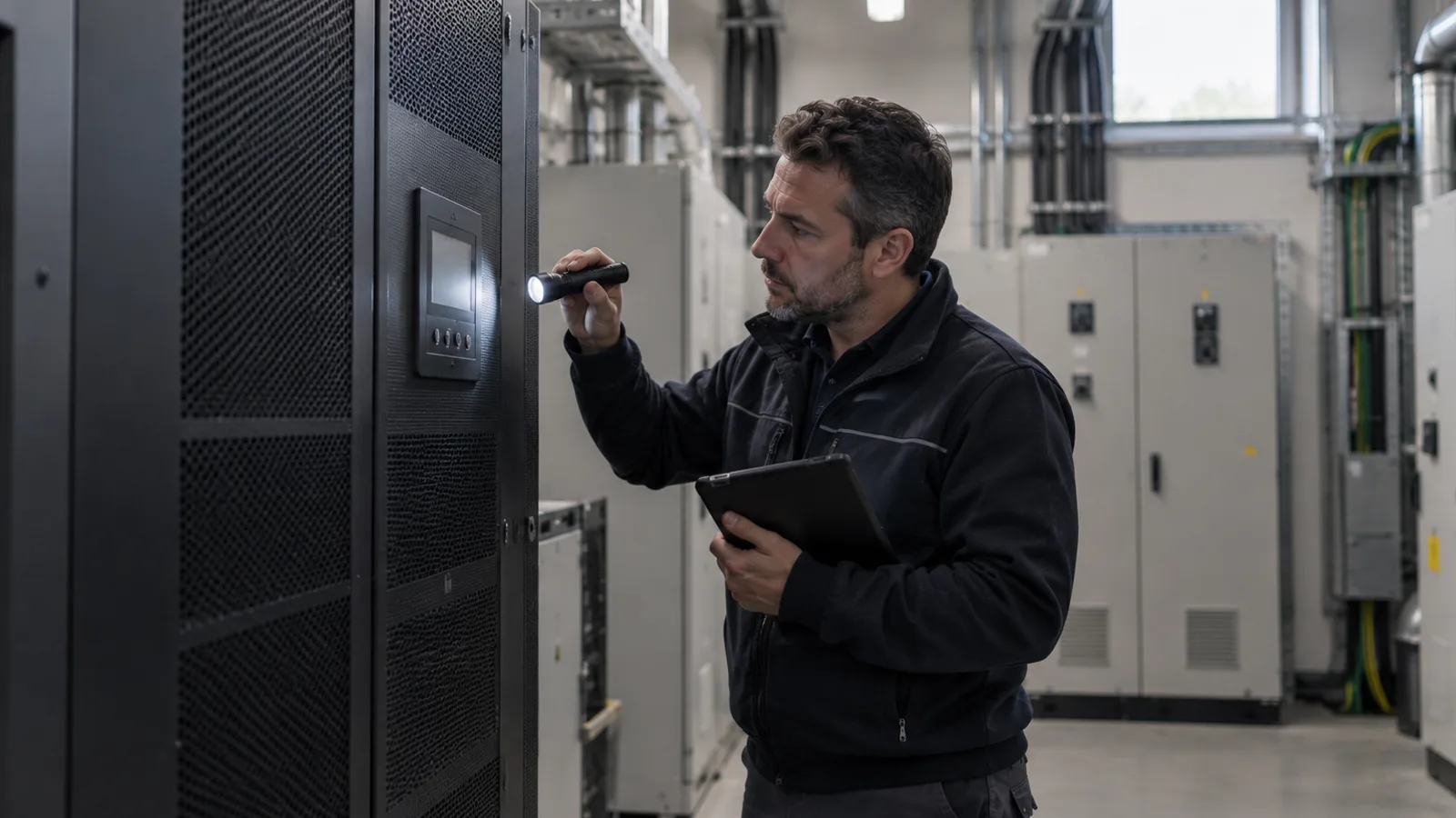 Tecnico controlla un gruppo di continuità in una sala impianti