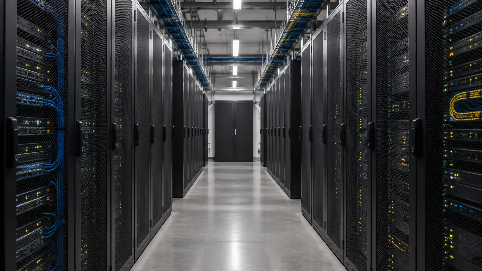 Corridoio di una sala server con armadi rack e cablaggi