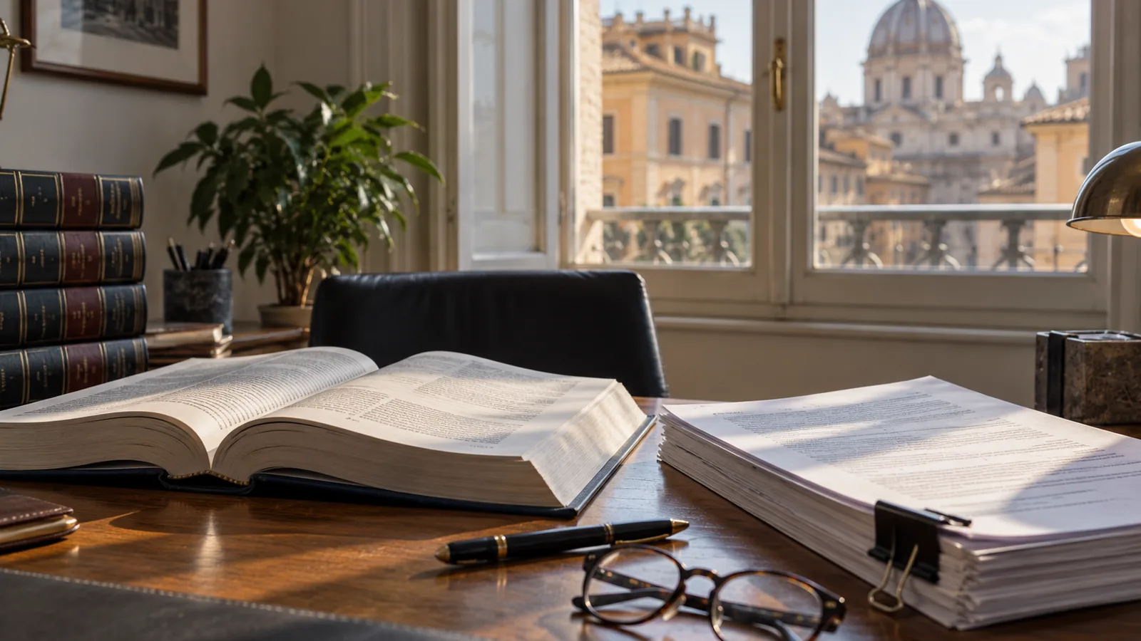 Open volume of legislation on a desk with a Roman palazzo in the background