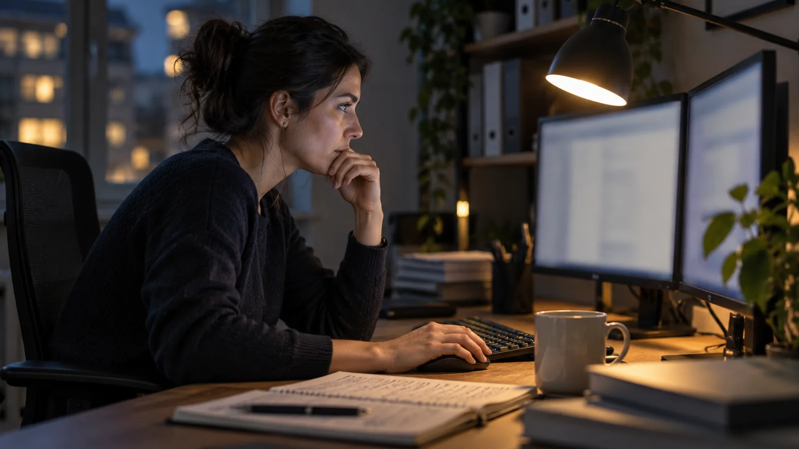 Tecnica sistemista controlla i monitor in un ufficio la sera