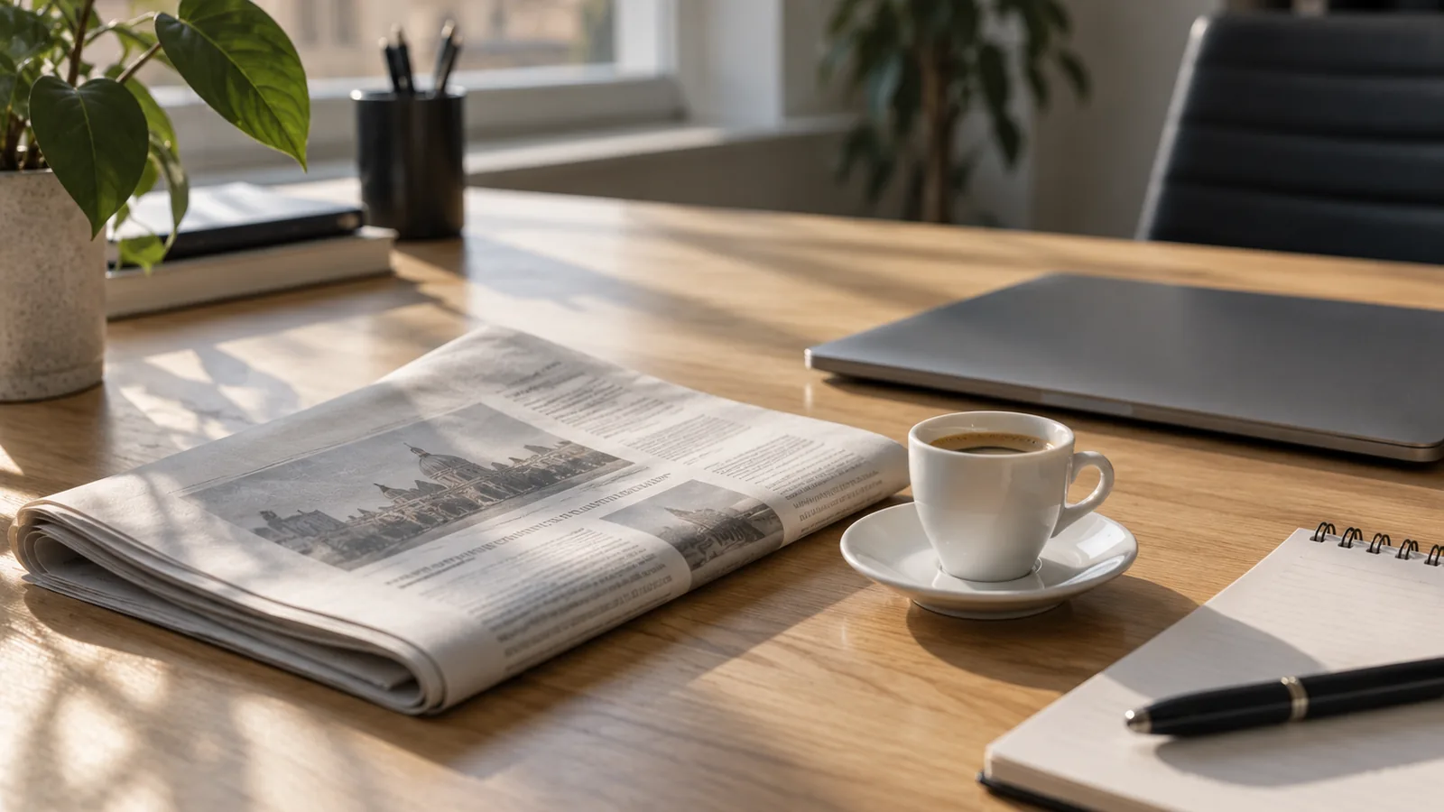 Desk with a printed newsletter, a coffee and a calendar