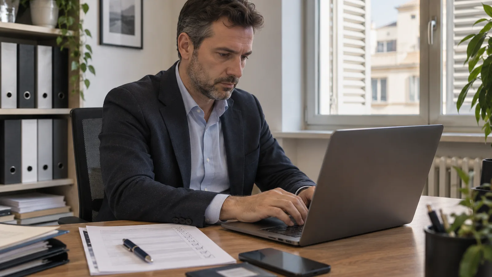 Responsabile della conformità compila una registrazione online dal proprio portatile
