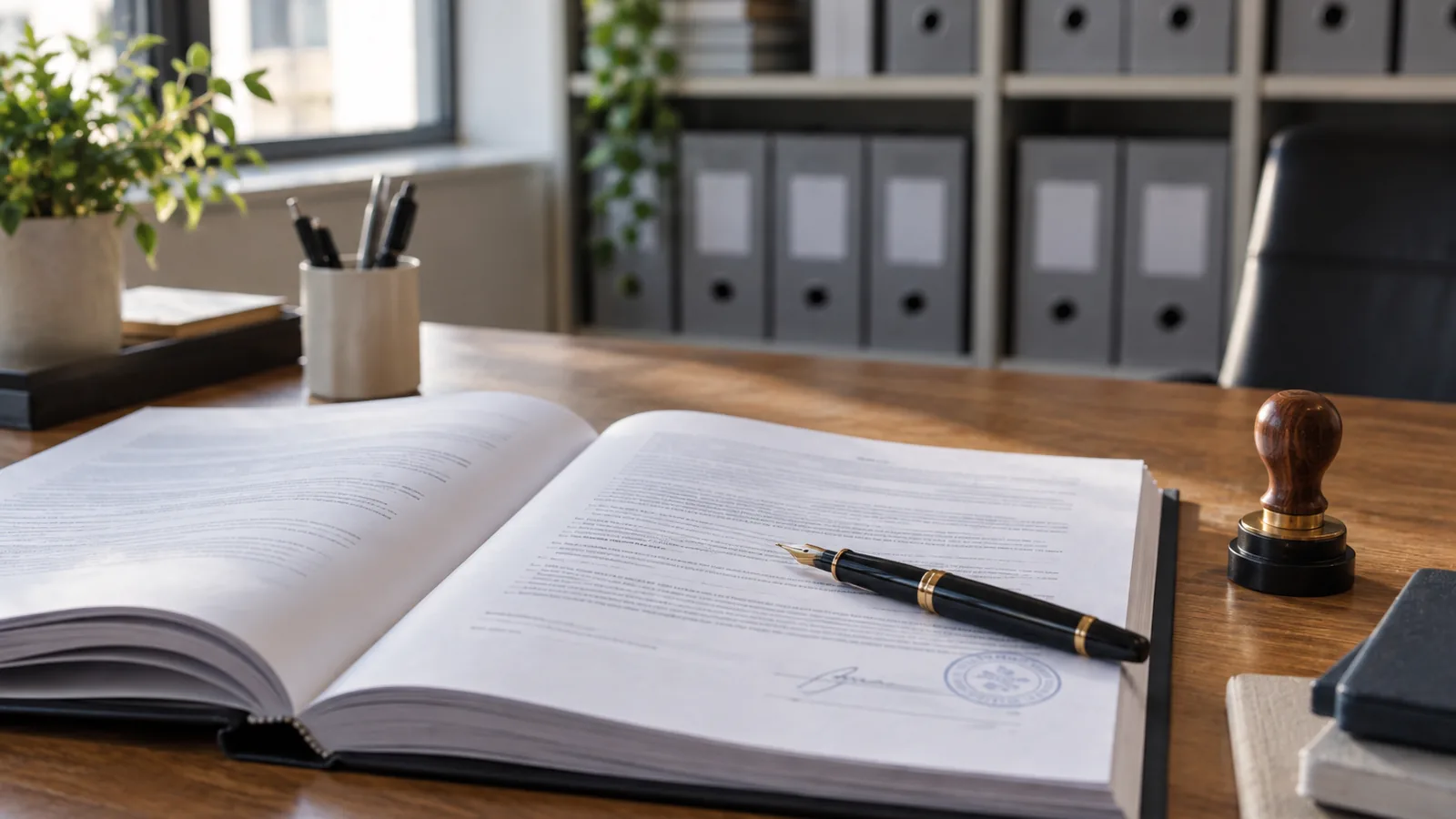 Documento di policy stampato aperto su una scrivania con penna e timbro