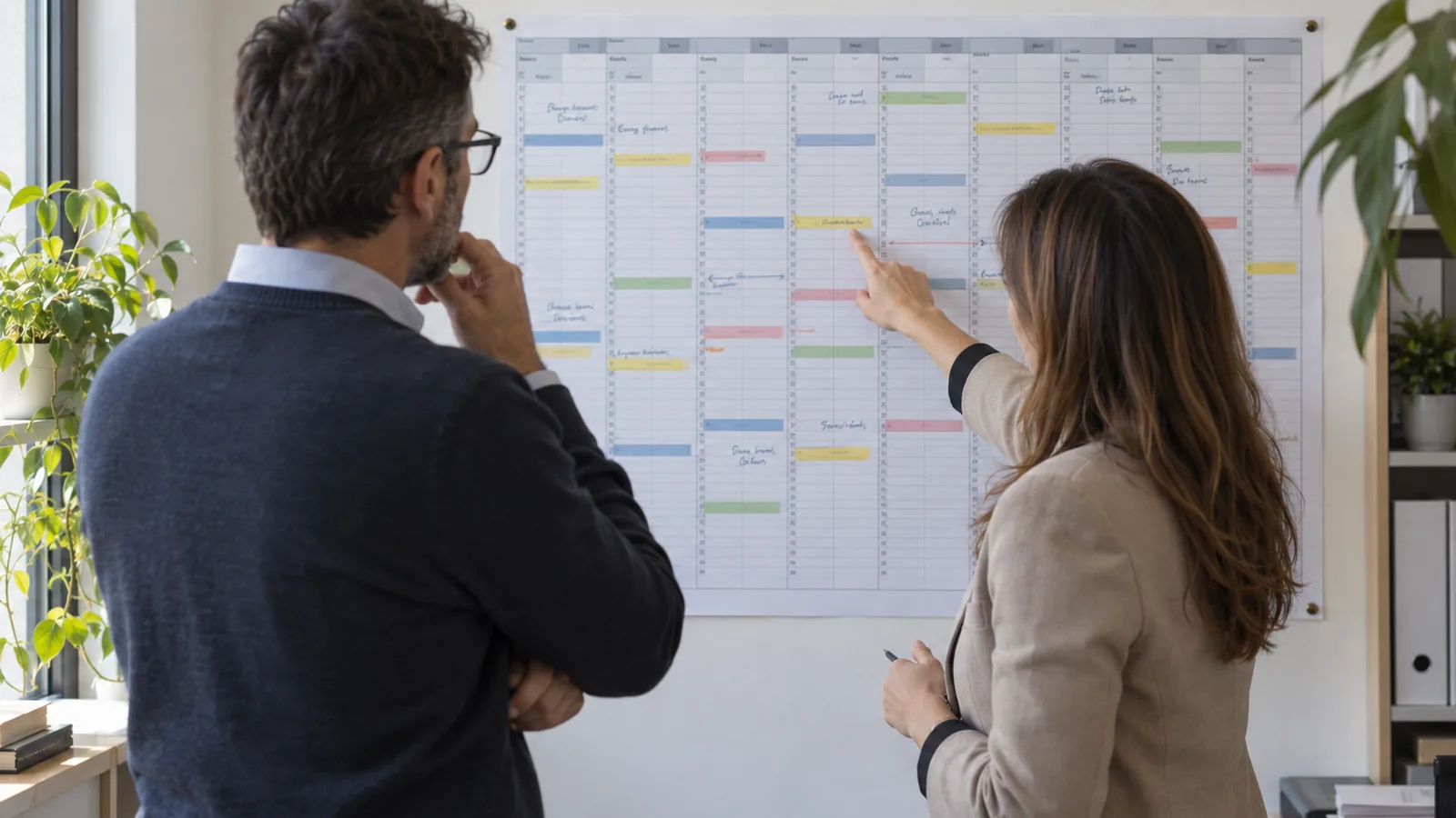 Due persone davanti a un planner annuale appeso al muro indicano una scadenza