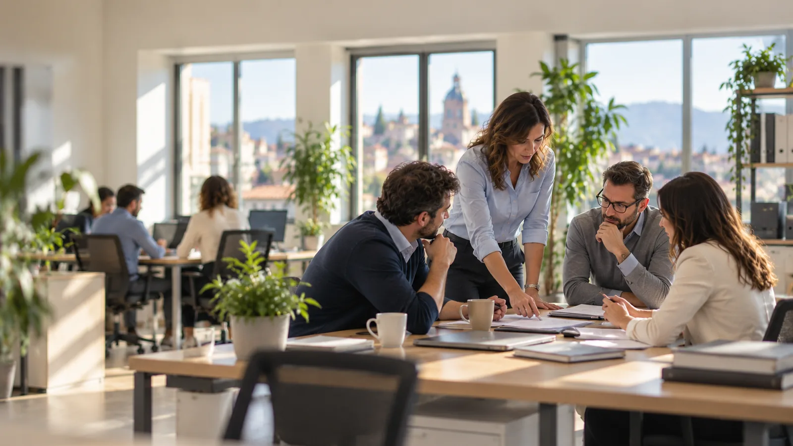 Four colleagues reviewing documents around a table in a bright office overlooking an Italian town
