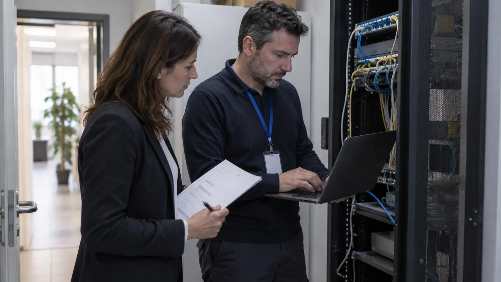 Tecnico di un fornitore IT al lavoro sull'armadio di rete del cliente, affiancato dalla responsabile IT