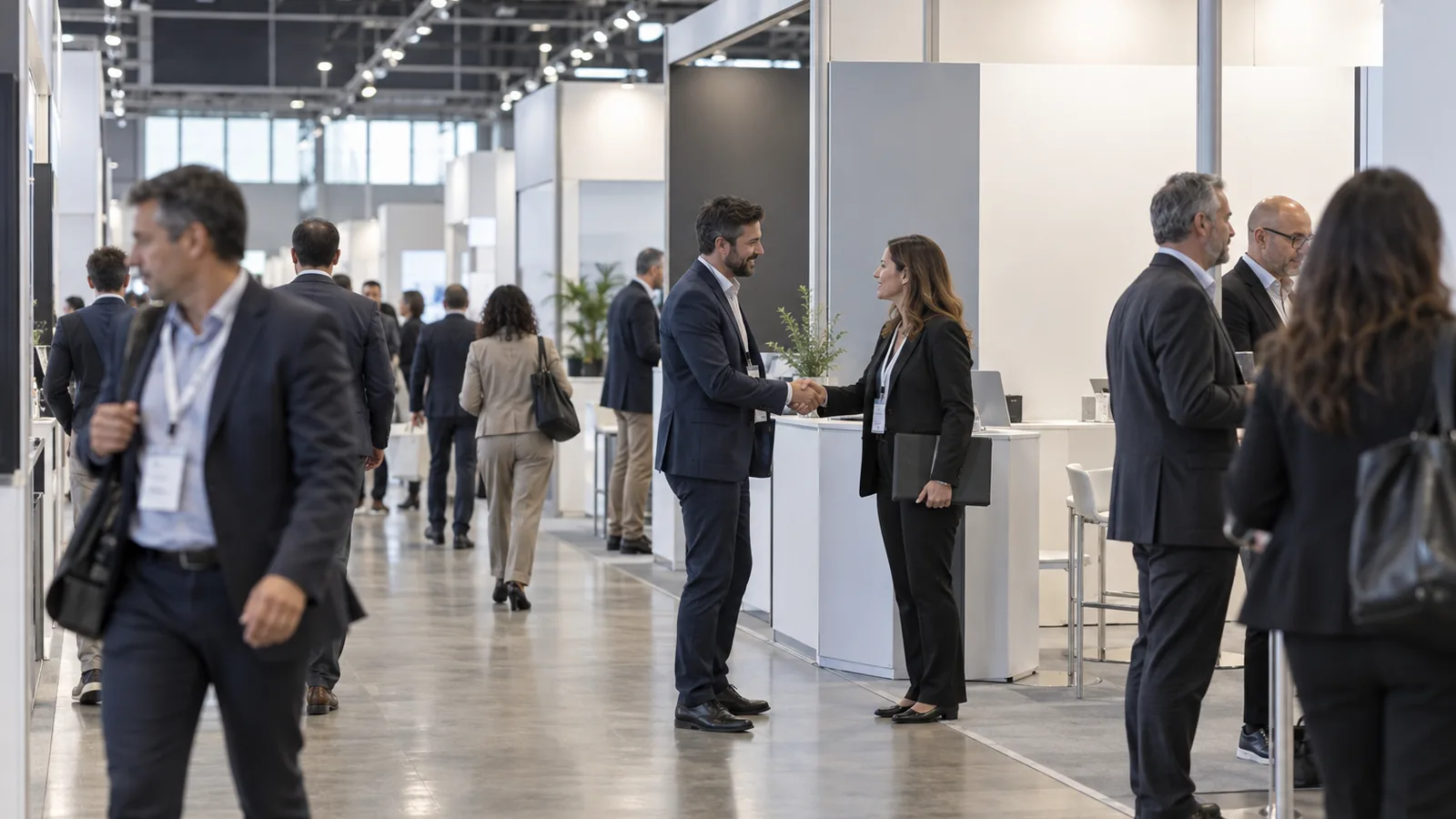 Two people shaking hands at a trade fair