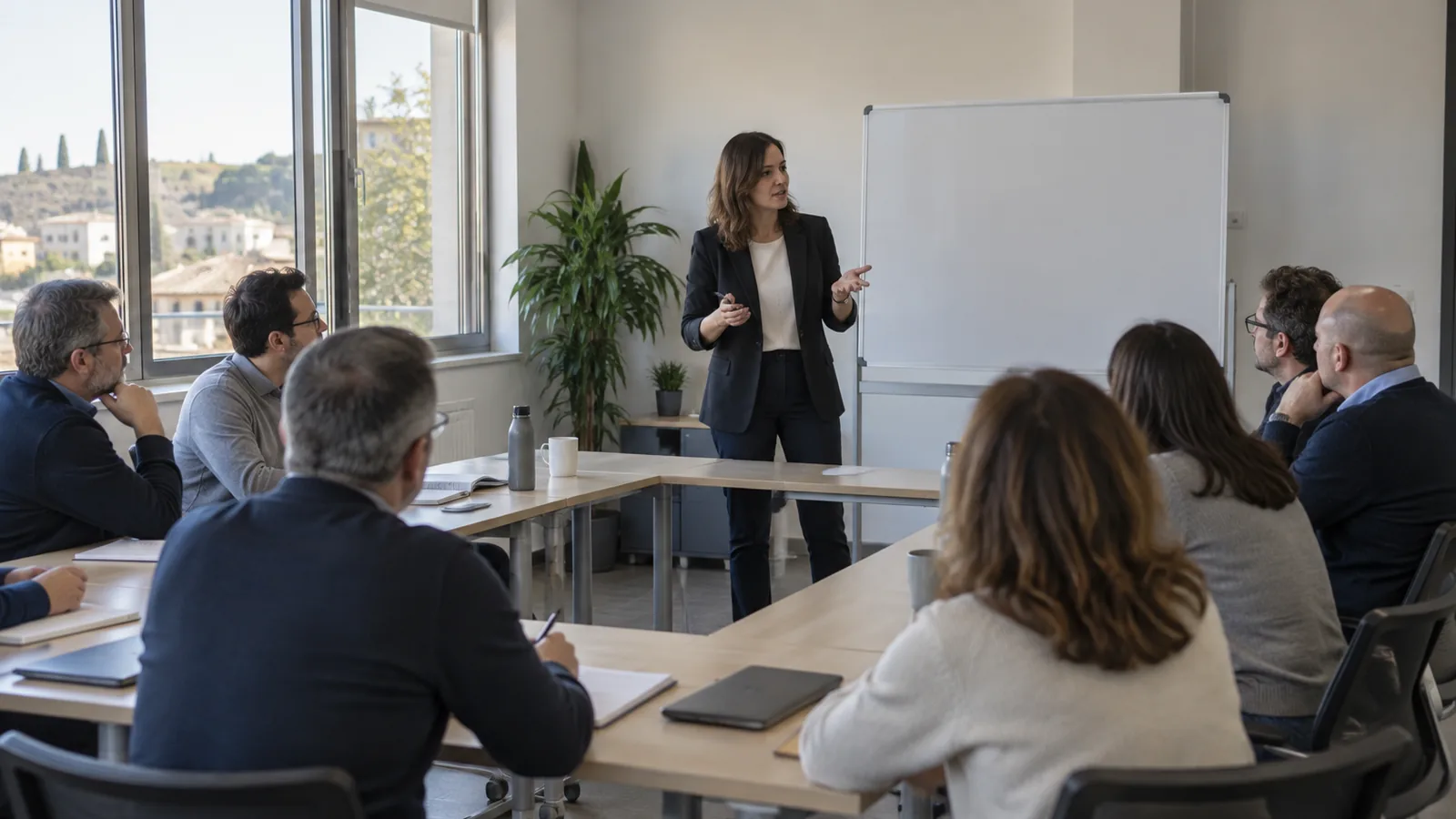 Sessione di formazione con dipendenti in ascolto di una formatrice