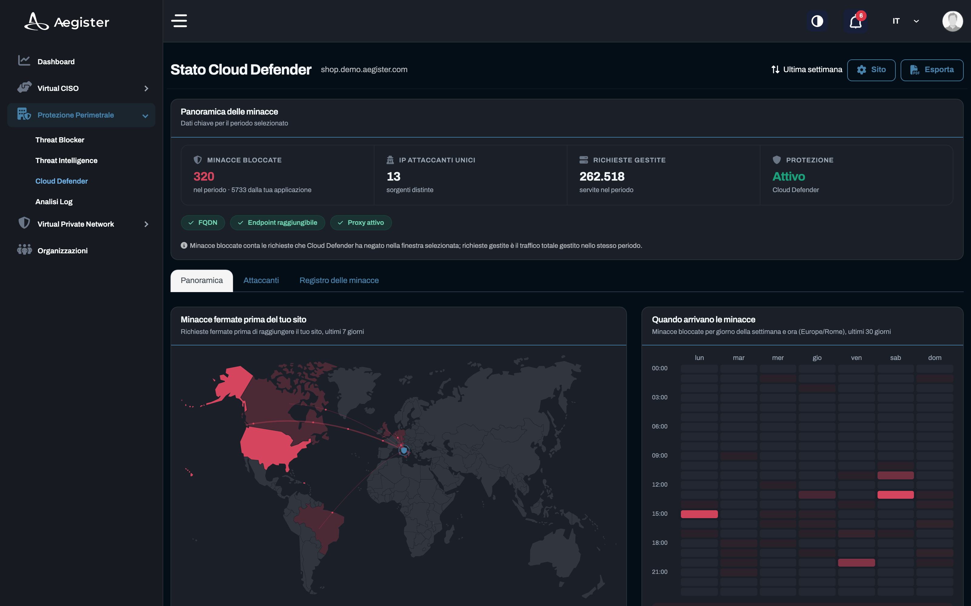 Cloud Defender in Cyber Console: minacce bloccate, richieste gestite e stato della protezione
