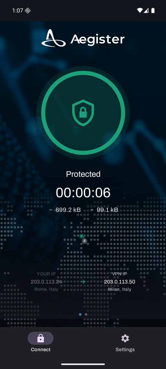 Aegister VPN connesso, con indirizzo reale e indirizzo VPN a confronto