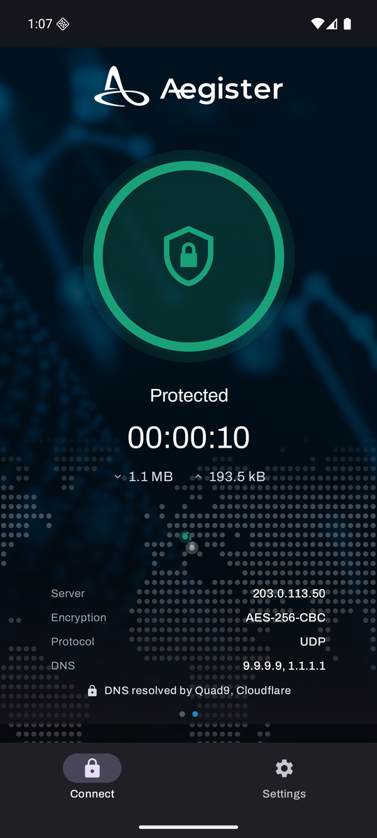 Pannello con server, cifratura, protocollo e resolver DNS